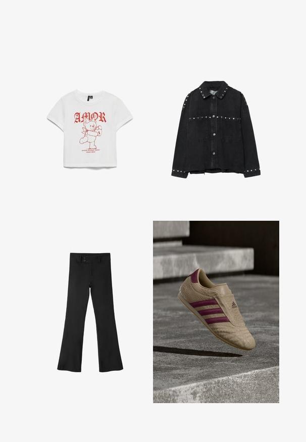 Sort denimjakke med sølvnitter på kraven, lommerne, ærmerne og manchetterne, med to forlommer og knaplukning.; Hvid kortærmet t-shirt med rød grafisk tekst "AMOR" og en bamse, der holder et lås. Fremstillet i bomuldsstof, afslappet pasform, cropped design.; Sorte højtaljede bukser med vidde i benene, med dobbelt knaplukning i taljen.; Tanfarvet sneaker med et tekstureret, slange-lignende mønster, der har lilla striber og accenter. Gummisål og Adidas-logo på siden.