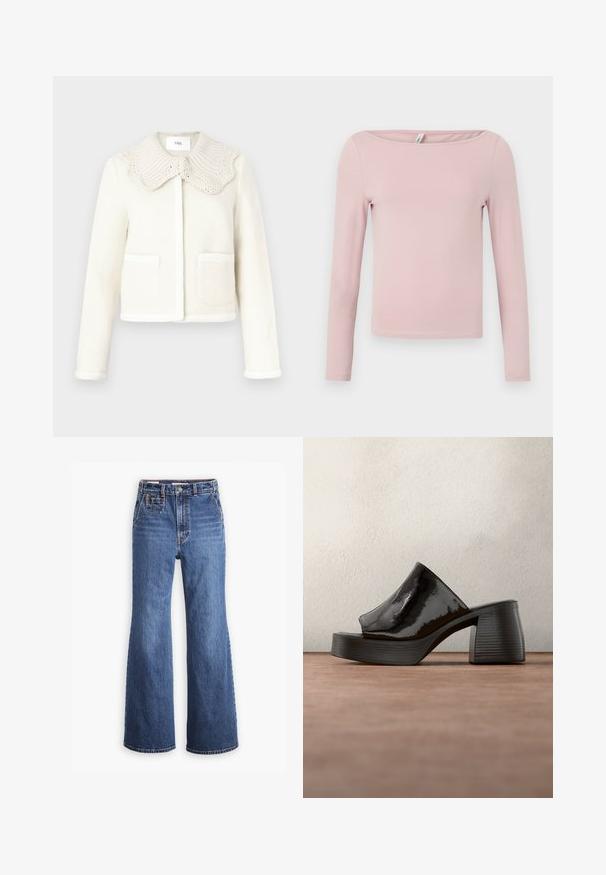 Chaqueta de mezcla de lana blanca con un cuello acanalado y texturizado, bolsillos frontales y ribete contrastante a lo largo de los bordes.; Camiseta de manga larga en rosa pálido, elaborada con algodón suave. Presenta un escote redondo amplio y una silueta ajustada con un dobladillo corto.; Pantalones vaqueros de denim azul de cintura alta con un diseño de pierna ancha, que cuentan con un bolsillo delantero, cierre de botón de bronce y costuras en contraste.; Mule de charol negro con tacón alto y bloque grueso, con punta abierta, ubicado en posición vertical sobre un suelo gris con fondo desenfocado.