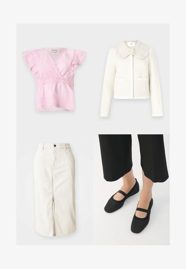 Weiße Jacke aus Wollmischung mit strukturiertem, geripptem Kragen, Fronttaschen und kontrastierendem Besatz entlang der Kanten.; Rosa Kurzarmoberteil mit Wickeldesign, strukturierten Falten und Spitze entlang des Ausschnitts und der Ärmel. Elastischer Bund für eine gute Passform.; Beige Baumwoll-Midi-Rock mit Schlitz vorne, oberer Knopfverschluss und ohne sichtbare Taschen. Flacher Bund und glatte Textur.; Schwarze Ballerinas aus glattem Material, mit runder Spitze und einem kontrastierenden Riemen über dem Rist. Flache Sohle, minimalistisches Design.