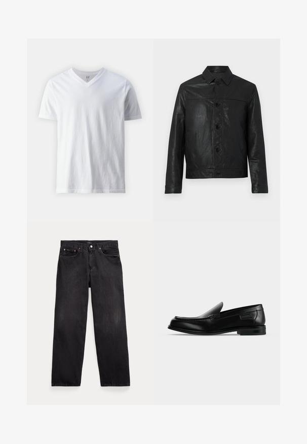 Veste en cuir noir avec un devant à boutons, un col pointu, deux poches latérales et une conception structurée. Texture lisse avec des coutures visibles.; T-shirt blanc à manches courtes et décolleté en V en coton. Présente un design sobre avec une texture lisse et une coupe décontractée.; Jean droit noir en denim avec cinq poches, fermeture par boutons et rivets métalliques visibles sur les poches avant.; Mocassin noir en cuir à enfiler avec un petit talon, un bout arrondi et des surpiqûres décoratives le long du bord supérieur.