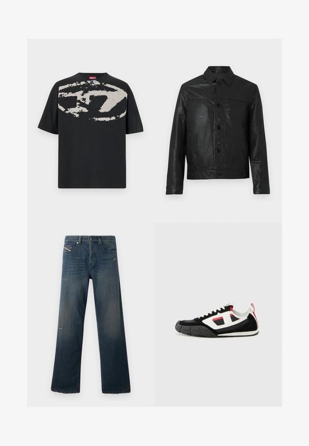 Schwarze Lederjacke mit Knopfleiste, spitzem Kragen, zwei seitlichen Taschen und strukturiertem Design. Glatte Textur mit sichtbaren Nähten.; Schwarzes T-Shirt mit einem großen, abstrakten hellgrauen Grafik auf der Vorderseite. Mit kurzen Ärmeln und einem klassischen, runden Halsausschnitt. Aus Baumwolle.; Blaue Jeans aus Denim mit einem geraden Bein, verblasster Textur, fransigem Saum und abgenutzten Details an der vorderen Tasche und im Oberschenkelbereich.; Diesel S PAGODHA LOW - Sneaker low - black