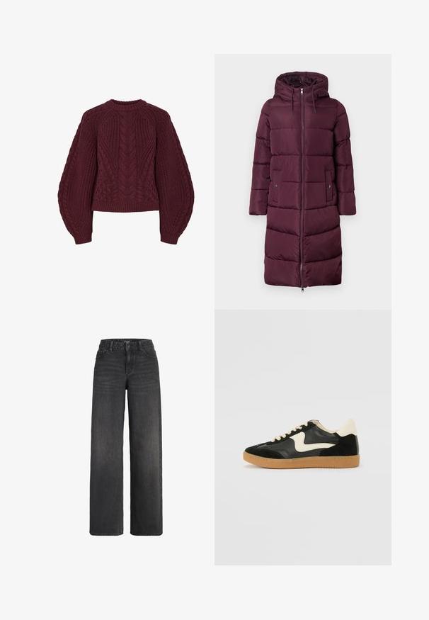 Manteau long matelassé bordeaux avec capuche, doté d'un zip avant, de poches latérales et de sections matelassées pour l'isolation. Texture lisse.; Pull en tricot bordeaux avec des motifs de câbles texturés, col rond et manches bouffantes. Les poignets et l'ourlet côtelés soulignent le design.; Jeans en denim noir à jambes larges avec bouton et fermeture éclair à l'avant, passants pour ceinture et poches avant sur fond blanc.; Baskets en daim et cuir noir avec un swoosh latéral crème et un talon crème clair. Dotées de lacets beige et d'une semelle en caoutchouc gomme.