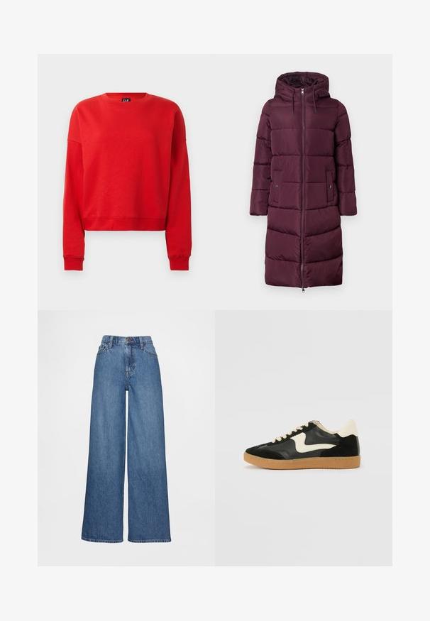 Manteau long matelassé bordeaux avec capuche, doté d'un zip avant, de poches latérales et de sections matelassées pour l'isolation. Texture lisse.; Sweat-shirt à capuche rouge en tissu doux, avec un col rond, des manches longues et une coupe courte avec des poignets côtelés.; Jean à jambes larges en denim bleu moyen, présentant une taille haute, des passants pour ceinture et une fermeture à bouton. Texture lisse avec des détails de couture minimaux.; Baskets en daim et cuir noir avec un swoosh latéral crème et un talon crème clair. Dotées de lacets beige et d'une semelle en caoutchouc gomme.