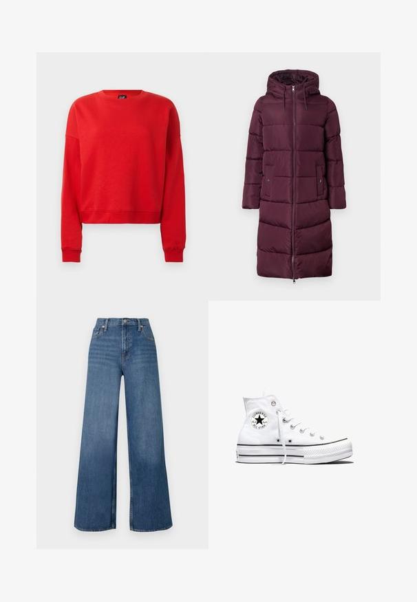 Manteau long matelassé bordeaux avec capuche, doté d'un zip avant, de poches latérales et de sections matelassées pour l'isolation. Texture lisse.; Sweat-shirt à capuche rouge en tissu doux, avec un col rond, des manches longues et une coupe courte avec des poignets côtelés.; Jeans bleu à jambes larges en denim, avec une taille haute, une fermeture à bouton à l'avant et un design classique à cinq poches. Texture lisse.; Baskets montantes blanches Converse Chuck Taylor All Star avec patch logo noir et lacets blancs, présentées sur fond blanc.