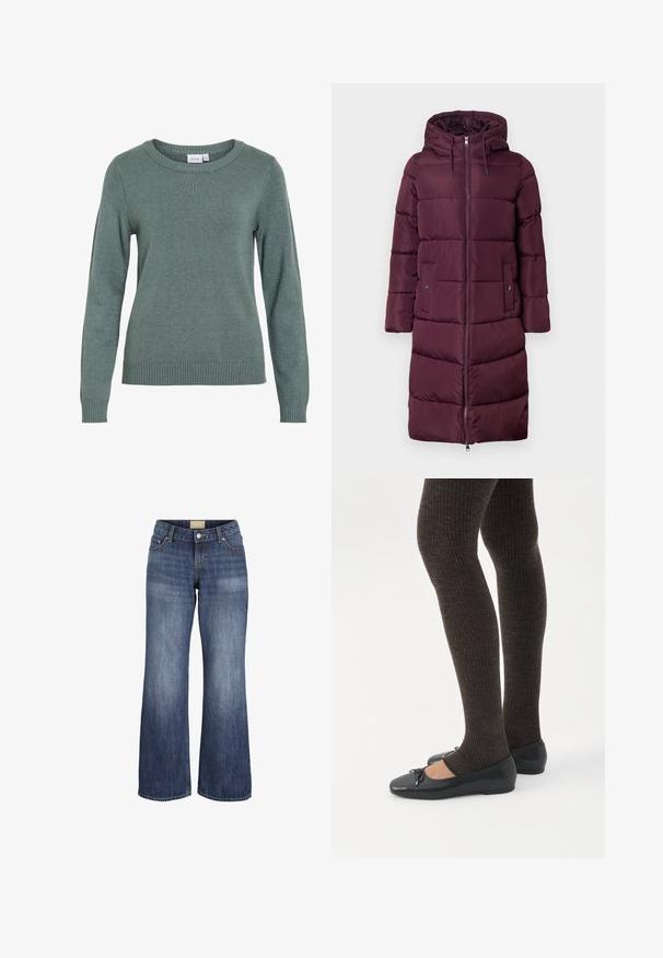 Manteau long matelassé bordeaux avec capuche, doté d'un zip avant, de poches latérales et de sections matelassées pour l'isolation. Texture lisse.; Pull en maille vert à manches longues avec encolure ronde et poignets et ourlet côtelés, présenté sur fond blanc.; Jean en denim bleu à jambes larges avec poches avant, passants de ceinture, fermeture à bouton et détails de lavage délavé.; Jambes portant des leggings côtelés foncés associés à des ballerines noires avec de petits détails en nœud sur fond blanc.