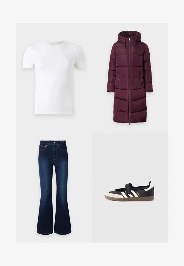 Manteau long matelassé bordeaux avec capuche, doté d'un zip avant, de poches latérales et de sections matelassées pour l'isolation. Texture lisse.; T-shirt blanc uni à manches courtes et col rond présenté sur un fond gris clair.; Jean évasé bleu foncé à taille haute, en denim. Doté de quincaillerie de couleur cuivrée et d'un design classique à cinq poches. Texture lisse.; Baskets noires et beiges avec une bride en velcro, trois bandes blanches sur le côté, et une semelle en caoutchouc marron texturée. Logo de la marque visible.