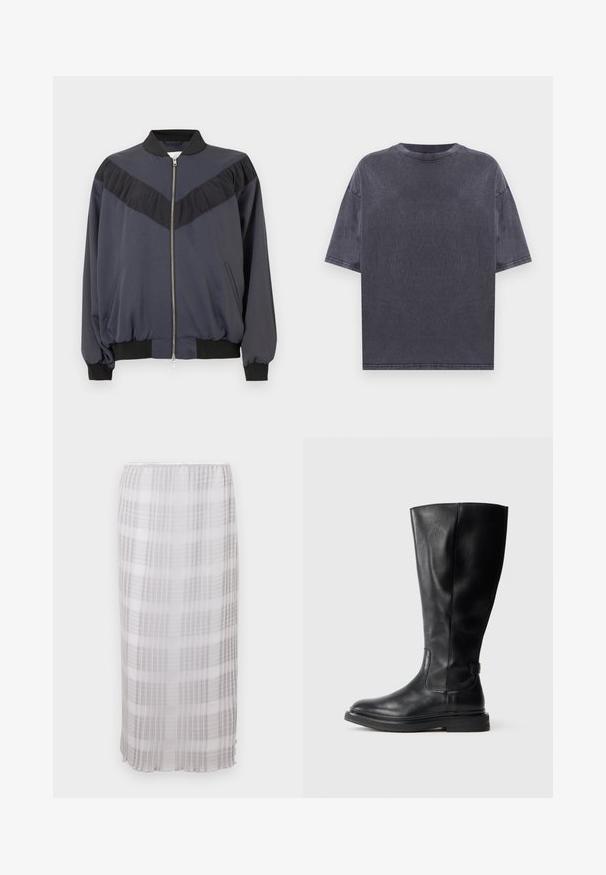 Mørkeblå bomberjakke lavet af letvægtsstof, med lynlåslukning, ribstrikkede ærmeafslutninger og et designelement med en sort flæset panel.; Oversized mørkegrå t-shirt, korte ærmer, rund halsudskæring og falmet tekstur med synlige syninger og sænkede skuldersømme.; Lang, gennemsigtig nederdel i hvid med grå ternet mønster. Blødt, letvægtsstof med elastisk talje, der slutter ved ankellængde.; Sorte læderknæhøje støvler med rund tå, let struktureret overdel og gummisål. Har en sideløsning for nem påtagning.