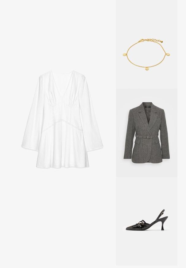 Grå hundetand-blazer med ensartet design, klapkrave, bæltestrop i taljen, sidelommer og tekstureret stof.; Hvid langærmet bluse med V-hals, samlesyning ved skuldrene, blondertrim og en løs pasform, lavet af letvægtsstof.; ALOHAS JOELLE ONIX - Pumps - black; Guld kædearmbånd med tre runde vedhæng, et delikat design med struktureret overflade og lukning med en v lobster clasp.