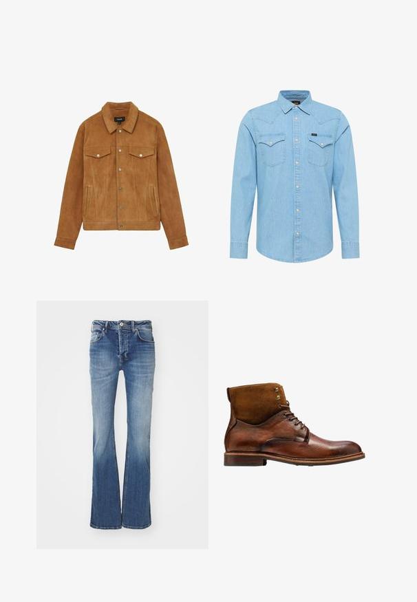 Braune Wildlederjacke mit Kragen, zwei Brusttaschen und Seitentaschen. Verfügt über silberne Knöpfe und eine taillierte Silhouette.; Hellblaue Jeans-Hemd mit langen Ärmeln, Knopfleiste, zwei knopfbaren Brusttaschen, spitzem Kragen und kleinem Lee-Logo auf der linken Tasche.; Ausgestellte blaue Jeans aus Denim mit mittlerem Waschungsgrad, im Fünf-Taschen-Design und mit Knopfverschluss. Verfügt über eine ausgebleichte Textur und leichte Abnutzungsspuren.; Kazar ALID - Schnürstiefelette - brown