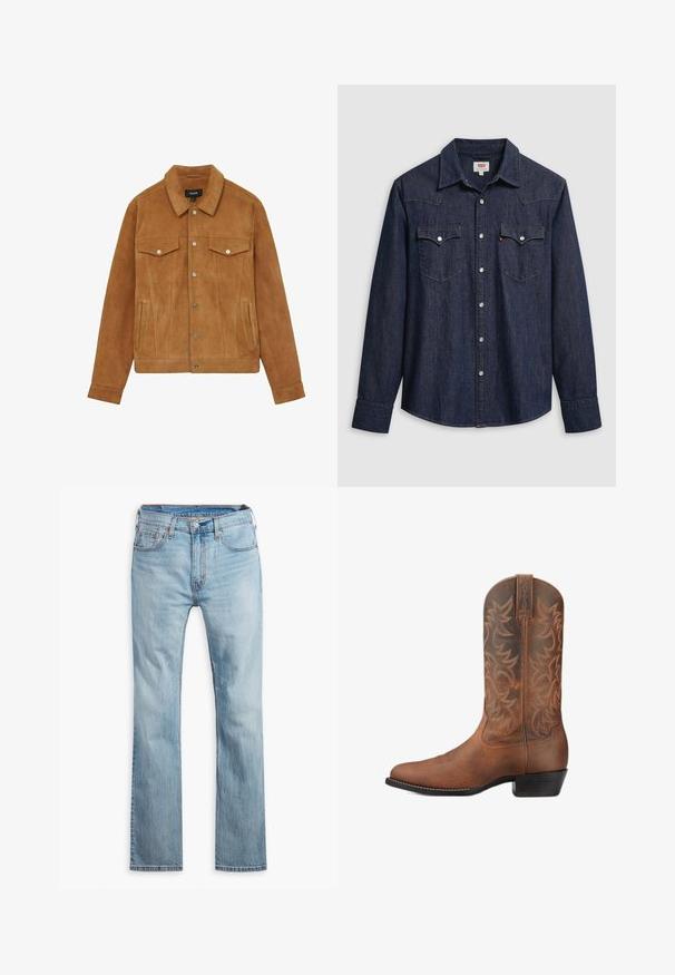 Brun ruskindsjakke med krave, to brystlommer og sidelommer. Har sølvknapper og en figursyet silhuet.; Mørkeblå denimskjorte med spids krave, trykknapper og brystlommer. Har syningsdetaljer og lange ærmer.; Lyseblå denim jeans, lige pasform, med fem lommer, kontrastsyning og knaplukning i taljen.; Brun læder cowboystøvle med syede dekorative mønstre og en lav stablet hæl, vist fra siden på en hvid baggrund.