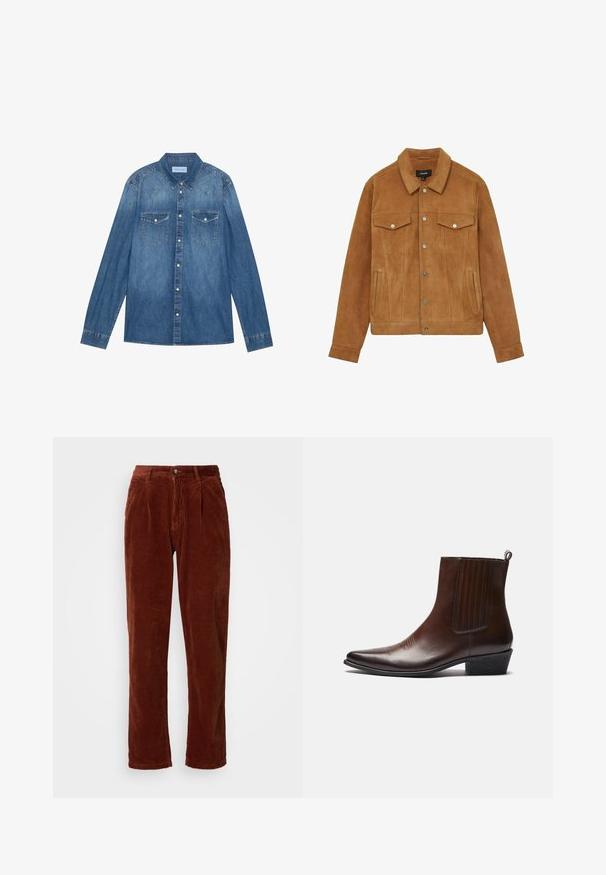 Brun ruskindsjakke med krave, to brystlommer og sidelommer. Har sølvknapper og en figursyet silhuet.; Mørkeblå denimskjorte med lange ærmer, klassisk krave, knaplukning fortil, to brystlommer og kontrasterende stiklinger på sømmene.; Corduroybukser i en rig brun farve; har en plisseret front, lige ben og en knaplukning ved taljen.; Brun læder ankelstøvle med spids tå, elastiske sidepaneler, tekstureret detaljer på fronten og en lav stablet hæl.
