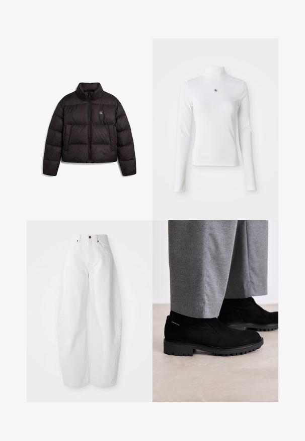 Zwarte gewatteerde jas met hoge kraag, ritssluiting aan de voorkant, zijzakken en klein wit "cK"-logo op de linkerborst.; Witte turtleneck met lange mouwen, gemaakt van ribbelstof. Bevat een klein geborduurd logo in het midden. Aansluitend ontwerp zonder patronen.; Hoge taille witte spijkerbroek met een losse pasvorm. Voorzien van een knoopsluiting, zijzakken en een minimalistisch ontwerp. Glad textuur.; Zwarte suède enkellaarsjes met een rubberen zool, voorzien van een elastische zijpaneel en een logo-accent op de hak. Gecombineerd met grijze broeken.