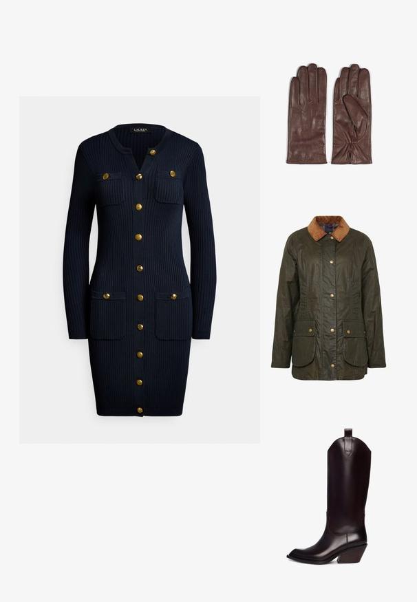 Barbour gewaxte katoenen jas in donkerolijf groen met een corduroy kraag, drukknoopsluiting en twee voorzakken. Gelaagd, duurzaam ontwerp.; Marineblauwe geribbelde gebreide jurk met lange mouwen, knopen aan de voorkant en twee borstzakken. Goudkleurige knopen benadrukken het ontwerp.; Bruine leren cowboylaars met een puntige neus, hoge schacht en hellende houten hak. Voorzien van een lus voor gemakkelijke aan- en uittrekken.; Bruine leren handschoenen met een gladde textuur. Kenmerken zijn onder andere vijf vingertoppen, subtiele stiksels op de rug en geplooide polsdetails.