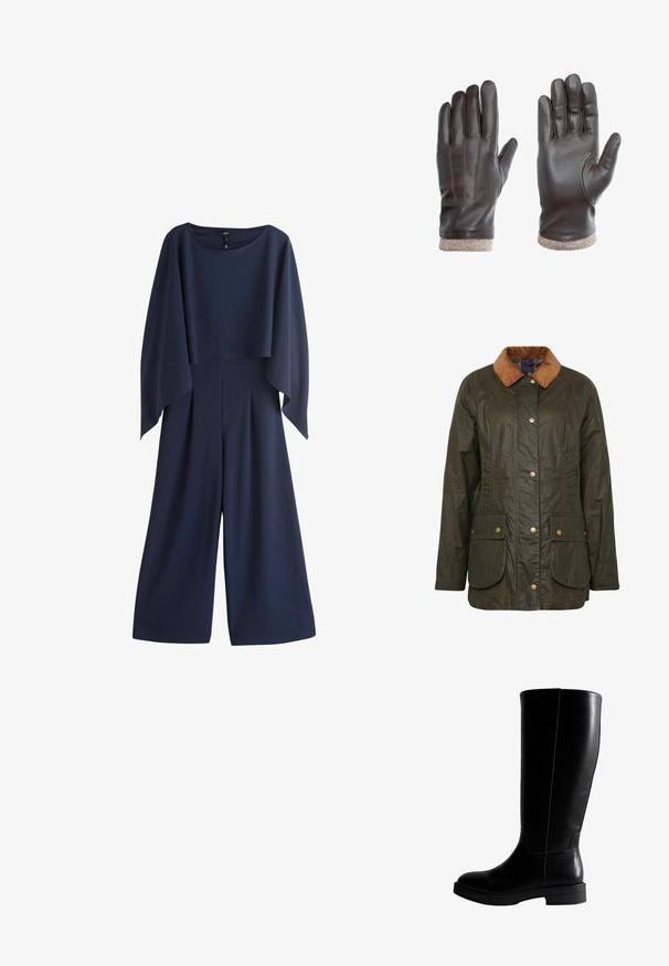 Veste en coton ciré Barbour en vert olive foncé avec un col en velours côtelé, boutons-pression et deux poches plaquées à l'avant. Design texturé et durable.; Combinaison pantalon bleu marine à jambes larges avec manches longues et amples et un col rond, suspendue sur un fond blanc.; Bottes noires en cuir jusqu'aux genoux avec une texture lisse, bout rond, coutures minimales et semelle en caoutchouc plate. Design simple et élancé.; Gants en cuir marron avec une texture lisse, présentant trois coutures sur le dos et un poignet en tricot marron clair.