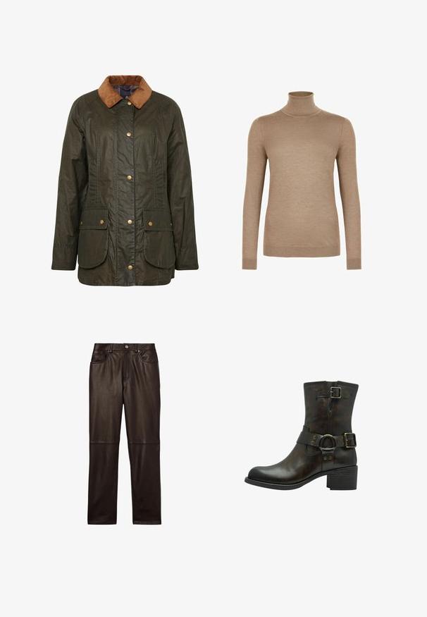 Veste en coton ciré Barbour en vert olive foncé avec un col en velours côtelé, boutons-pression et deux poches plaquées à l'avant. Design texturé et durable.; Pull beige col roulé ajusté à manches longues avec poignets et ourlet côtelés, présenté sur fond blanc.; Reiss VERONA REGULAR FIT - Pantalon en cuir - chocolate; Marco Tozzi Bottines de cowboy / motard - cafe antic