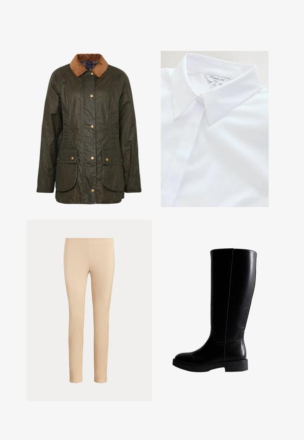 Barbour gewaxte katoenen jas in donkerolijf groen met een corduroy kraag, drukknoopsluiting en twee voorzakken. Gelaagd, duurzaam ontwerp.; Witte overhemd met kraag, gemaakt van gladde stof met een verborgen knoopsluiting en label zichtbaar bij de halslijn. Kenmerkt een klassiek ontwerp.; Beige slim-fit enkellange broek met een gladde afwerking en zonder zichtbare zakken of versieringen op een effen achtergrond.; Knee-high zwarte leren laarzen met een gladde textuur, ronde neus, minimale stiksels en een platte rubberen zool. Eenvoudig, strak ontwerp.
