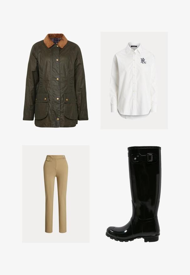 Veste en coton ciré Barbour en vert olive foncé avec un col en velours côtelé, boutons-pression et deux poches plaquées à l'avant. Design texturé et durable.; Chemise blanche à manches longues boutonnée avec col pointu et logo noir brodé sur la poitrine gauche.; Pantalons beiges ajustés avec une texture lisse, taille haute, deux boutons décoratifs et une poche arrière. Design à jambe droite.; Botte de pluie en caoutchouc noir avec une finition brillante, design haut, accent de boucle sur le côté, semelle texturée pour l'adhérence et bout arrondi.