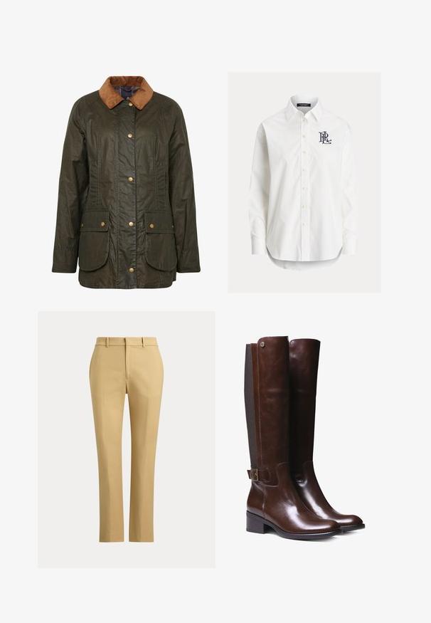 Barbour gewaxte katoenen jas in donkerolijf groen met een corduroy kraag, drukknoopsluiting en twee voorzakken. Gelaagd, duurzaam ontwerp.; Wit overhemd met lange mouwen, knopen, een puntige kraag en een zwart geborduurd logo op de linkerborst.; Beige rechte broek met riemlussen, een rits aan de voorkant en op maat gemaakte plooien op een effen lichte achtergrond.; Bruine leren laarzen tot de knie met een gladde afwerking, contrasterend stofpaneel, enkelgesp detail en lage blokhak.