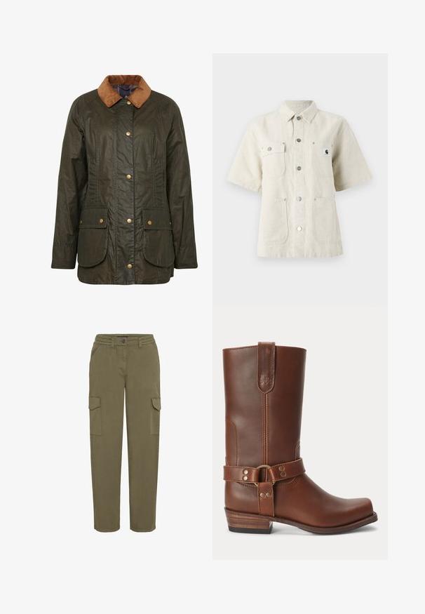 Αδιάβροχο μπουφάν από κερωμένο βαμβάκι Barbour σε σκούρο ελαιόχρωμο με κολλέρο από καπιτονέ, κουμπιά με σSnap και δύο εξωτερικές τσέπες. Υφή ανθεκτική και σχεδίαση.; Καθημερινό πουκάμισο κοντομάνικο σε ανοιχτό μπεζ ύφασμα, με μύτη γιακά, κούμπωμα μπροστά, δύο τσέπες στο στήθος και μια μικρή θηλιά λογότυπου στα αριστερά.; Ελαιόχρωμο cargo παντελόνι με ελαστική μέση, διαθέτοντας δύο πλαϊνές τσέπες και δύο cargo τσέπες. Φτιαγμένο από ανθεκτικό μείγμα βαμβακιού.; Καφέ δερμάτινη μπότα μέχρι τη μέση της γάμπας με χαμηλό ξύλινο τακούνι, στρογγυλή μύτη και διακοσμητικό λουρί με μεταλλικά καρφιά γύρω από τον αστράγαλο.