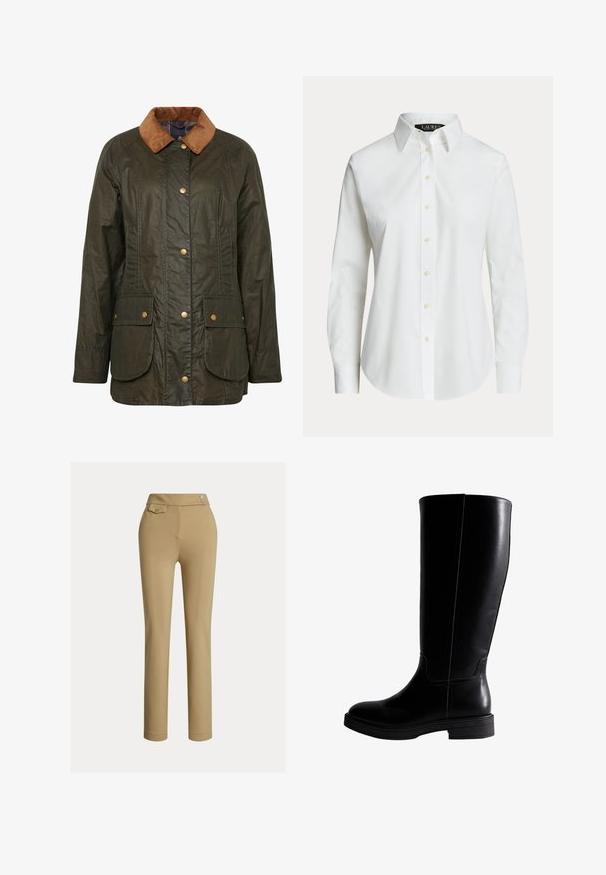 Barbour gewaxte katoenen jas in donkerolijf groen met een corduroy kraag, drukknoopsluiting en twee voorzakken. Gelaagd, duurzaam ontwerp.; Wit overhemd met lange mouwen en knopen, met een klassieke kraag en zichtbare knopen aan de voorkant, getoond op een effen achtergrond.; Beige slim-fit vrouwenbroek met hoge taille, twee knopen aan de zijkant en een klein knoopsluiting flapzakje nabij de tailleband.; Knee-high zwarte leren laarzen met een gladde textuur, ronde neus, minimale stiksels en een platte rubberen zool. Eenvoudig, strak ontwerp.