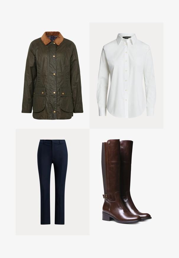 Veste en coton ciré Barbour en vert olive foncé avec un col en velours côtelé, boutons-pression et deux poches plaquées à l'avant. Design texturé et durable.; Chemise blanche à manches longues, boutonnée, avec un col classique et des boutons visibles à l'avant, présentée sur un fond uni.; Pantalon habillé bleu marine sur mesure, coupe droite, passants de ceinture et fermeture éclair à l’avant.; Bottes haute en cuir marron avec finition lisse, panneau en tissu contrastant, détail de boucle à la cheville et petit talon carré.