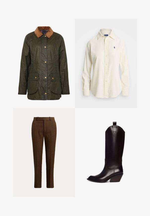 Veste en coton ciré Barbour en vert olive foncé avec un col en velours côtelé, boutons-pression et deux poches plaquées à l'avant. Design texturé et durable.; Chemise en velours côtelé couleur crème avec un col classique, devant bouton, et manches longues. Présente un petit logo marine sur la poitrine gauche.; Pantalon marron à carreaux, coupé sur mesure, avec passants pour ceinture et fermeture par bouton sur le devant, présenté sur un fond clair uni.; Botte de cowboy en cuir marron avec un bout pointu, une tige haute et un talon en bois incliné. Dispose d'une boucle pour un enfilage facile.