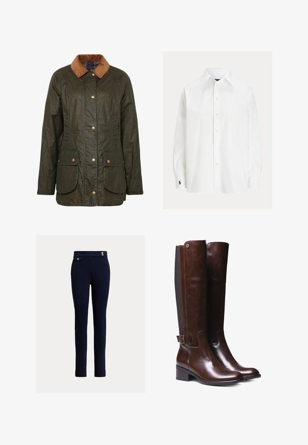 Αδιάβροχο μπουφάν από κερωμένο βαμβάκι Barbour σε σκούρο ελαιόχρωμο με κολλέρο από καπιτονέ, κουμπιά με σSnap και δύο εξωτερικές τσέπες. Υφή ανθεκτική και σχεδίαση.; Λευκό πουκάμισο με μακρύ μανίκι, κουμπιά, μυτερό γιακά και κεντημένο λογότυπο σε σκούρο μπλε στο αριστερό μανίκι.; Σκούρο μπλε παντελόνι σε στενή γραμμή με ψηλή μέση, διακοσμημένα κουμπιά και μικρή τσέπη με καπάκι στη δεξιά πλευρά.; Καφέ δερμάτινες μπότες μέχρι το γόνατο με λεία επιφάνεια, αντίθετο πάνελ από ύφασμα, λεπτομέρεια με αγκράφα στον αστράγαλο και χαμηλό τετράγωνο τακούνι.