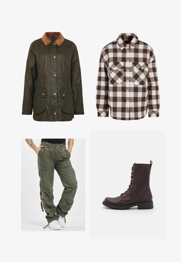 Barbour gewachste Baumwolljacke in dunklem Olivgrün mit einem Cordkragen, Druckknöpfen und zwei aufgesetzten Taschen vorne. Strukturierte, strapazierfähige Gestaltung.; Braun-weißer Karo-Hemd mit Knöpfen, zwei Brusttaschen, klassischem Kragen und durchgehender Knopfleiste. Weicher Stoff.; Olivgrüne Cargo-Hosen mit mehreren Taschen, Kordelzugbund und lockerer Passform. Der Stoff hat eine weiche Textur und wirkt robust und langlebig.; Braune Leder Schnürstiefel mit runder Zehenpartie, Metallösen und einer strukturierten schwarzen Gummisohle. Mit Zugschlaufe an der Ferse.