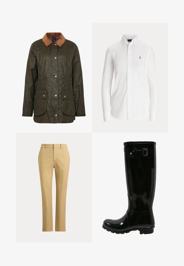 Veste en coton ciré Barbour en vert olive foncé avec un col en velours côtelé, boutons-pression et deux poches plaquées à l'avant. Design texturé et durable.; Chemise blanche à manches longues avec boutons, col boutonné et petit logo brodé joueur de polo sur la poitrine.; Pantalon beige droite avec passants de ceinture, pli à l'avant et ceinture unie sur fond uni.; Botte de pluie en caoutchouc noir avec une finition brillante, design haut, accent de boucle sur le côté, semelle texturée pour l'adhérence et bout arrondi.