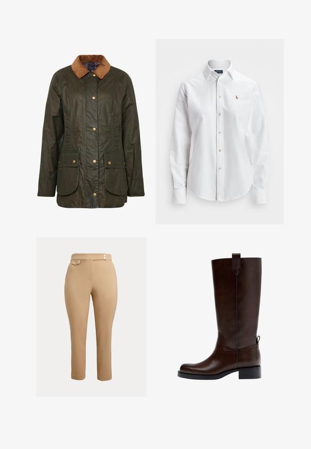 Veste en coton ciré Barbour en vert olive foncé avec un col en velours côtelé, boutons-pression et deux poches plaquées à l'avant. Design texturé et durable.; Chemise blanche à manches longues en coton, dotée d'un col classique et d'un petit logo brodé sur la poitrine.; Pantalon beige ajusté à taille haute, doté de deux petits boutons décoratifs à la taille et d'une poche à rabat boutonnée sur le côté droit.; Botte en cuir marron foncé montant jusqu'au genou avec un petit talon bloc, une languette de traction en haut et à l'arrière, et un bout arrondi, vue de profil.