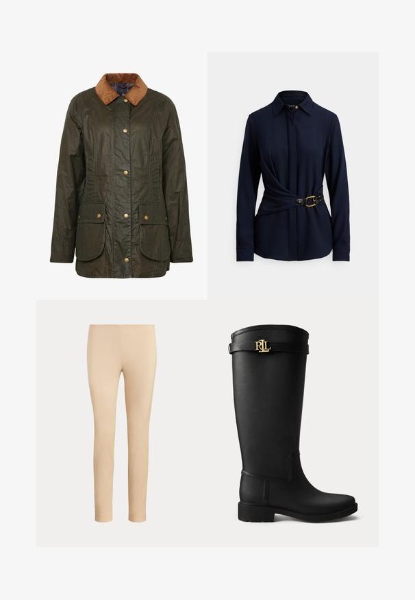 Αδιάβροχο μπουφάν από κερωμένο βαμβάκι Barbour σε σκούρο ελαιόχρωμο με κολλέρο από καπιτονέ, κουμπιά με σSnap και δύο εξωτερικές τσέπες. Υφή ανθεκτική και σχεδίαση.; Μπλε σκούρο μακρυμάνικο πουκάμισο με γιακά, σχεδιασμό με στριμμένο μπροστινό μέρος και μαύρη ζώνη με χρυσή πόρπη και διακοσμητικά καρφιά. Μαλακή υφή υφάσματος.; Μπεζ στενά παντελόνια μέχρι τον αστράγαλο με λεία υφή και χωρίς ορατές τσέπες ή διακοσμητικά σε μονόχρωμο φόντο.; Μαύρη αδιάβροχη μπότα μέχρι το γόνατο με χαμηλό τακούνι και χρυσή αγκράφα λογότυπου RLL κοντά στο πάνω μέρος σε απλό ανοιχτό φόντο.