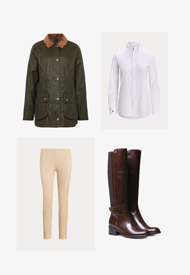 Αδιάβροχο μπουφάν από κερωμένο βαμβάκι Barbour σε σκούρο ελαιόχρωμο με κολλέρο από καπιτονέ, κουμπιά με σSnap και δύο εξωτερικές τσέπες. Υφή ανθεκτική και σχεδίαση.; Λευκό πουκάμισο με μακριά μανίκια και κουμπιά, με γιακά με κουμπιά και μικρό κεντημένο λογότυπο στην αριστερή μανσέτα.; Μπεζ στενά παντελόνια μέχρι τον αστράγαλο με λεία υφή και χωρίς ορατές τσέπες ή διακοσμητικά σε μονόχρωμο φόντο.; Καφέ δερμάτινες μπότες μέχρι το γόνατο με λεία επιφάνεια, αντίθετο πάνελ από ύφασμα, λεπτομέρεια με αγκράφα στον αστράγαλο και χαμηλό τετράγωνο τακούνι.