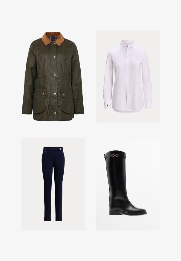 Veste en coton ciré Barbour en vert olive foncé avec un col en velours côtelé, boutons-pression et deux poches plaquées à l'avant. Design texturé et durable.; Chemise blanche à manches longues avec col boutonné et petit logo brodé sur le poignet gauche.; Un pantalon slim-fit bleu marine avec taille haute, présentant des boutons décoratifs et une petite poche rabat sur le côté droit.; Botte haute en cuir noir avec un petit talon et un détail de boucle dorée près du haut, montrée de profil sur fond blanc.