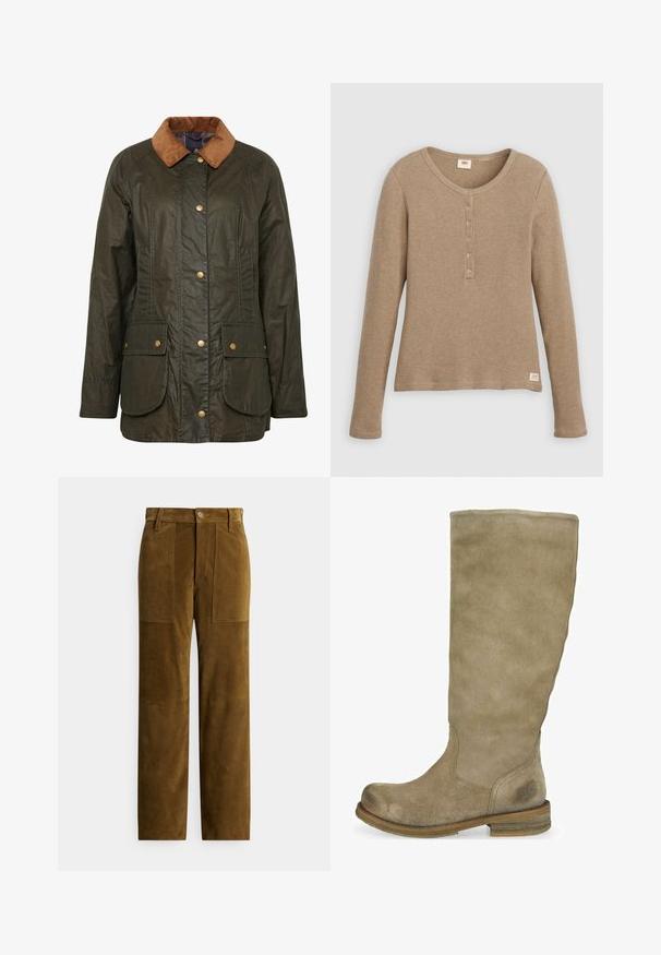 Veste en coton ciré Barbour en vert olive foncé avec un col en velours côtelé, boutons-pression et deux poches plaquées à l'avant. Design texturé et durable.; Chemise henley beige à manches longues en maille gaufrée avec encolure ronde et patte de boutonnage à cinq boutons, présentée à plat sur fond blanc.; Pantalon en daim marron avec une coupe droite, doté de deux poches plaquées à l'avant et d'une texture lisse. Fermeture par bouton à la taille.; Botte en suède beige, hauteur genoux, avec un bout arrondi et une finition texturée. Talon en bois marron, avec un détail de logo subtil près de la cheville.