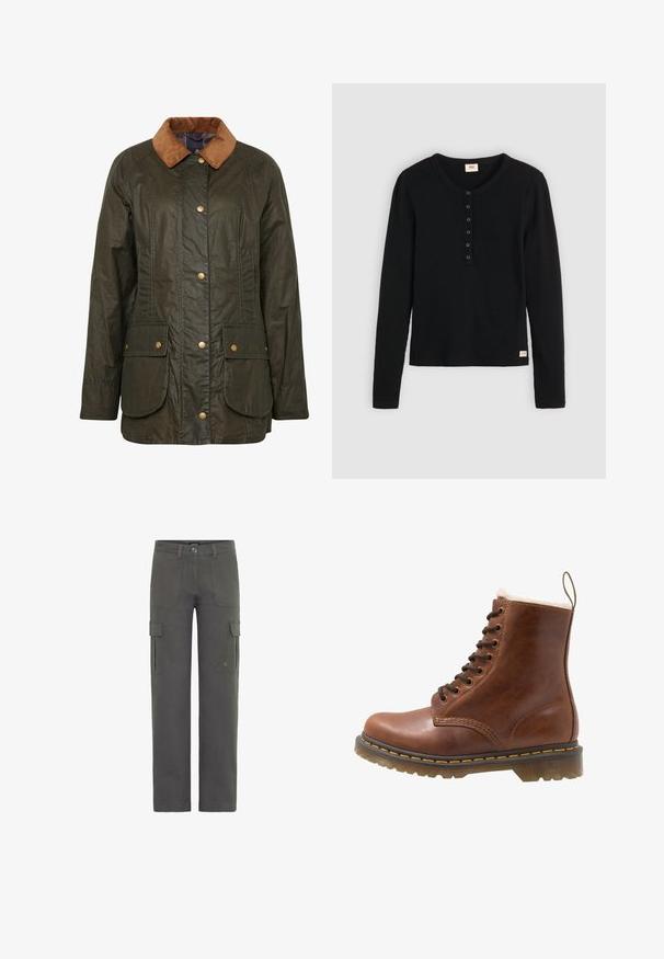 Αδιάβροχο μπουφάν από κερωμένο βαμβάκι Barbour σε σκούρο ελαιόχρωμο με κολλέρο από καπιτονέ, κουμπιά με σSnap και δύο εξωτερικές τσέπες. Υφή ανθεκτική και σχεδίαση.; Μαύρο τοπ με μακριά μανίκια, φτιαγμένο από ριμπ ύφασμα, με στρογγυλή λαιμόκοψη και πέντε κουμπιά μπροστά. Μικρή ετικέτα μάρκας στο στρίφωμα.; Χακί παντελόνια cargo από σκούρο γκρι βαμβάκι με ίσια γραμμής. Διαθέτει δύο πλευρικές τσέπες και κλείσιμο με κουμπί. Ανθεκτικό ύφασμα με ελαφριά υφή.; Καφέ δερμάτινη ανακομιδη μπότες με γούνα εσωτερικά, στρογγυλή μύτη, μπροστινές κορδόνες και κίτρινη ραφή κατά μήκος της σόλας. Ανθεκτική σόλα από καουτσούκ για καλύτερη πρόσφυση.