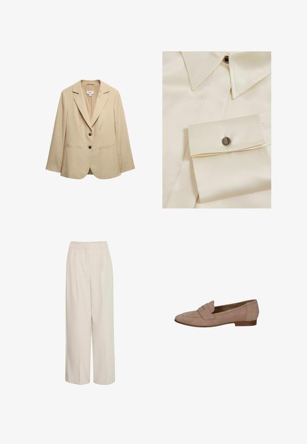 Beige damesblazer op maat met inkeping revers, twee knopen aan de voorkant en paspelzakken, getoond tegen een witte achtergrond.; Crème satijnen overhemd met een puntige kraag, knoopsluiting en een manchett met een zwarte knoopaccent. Soepele textuur en gestructureerd ontwerp.; Hoge taille romige wijde broek met plooien, gemaakt van soepele stof, met een strak design en op maat gemaakte pasvorm.; Beige suède loafer met een ronde neus, voorzien van een decoratieve band over de voorkant en een lage houten hak. Gladde textuur, minimaal ontwerp.
