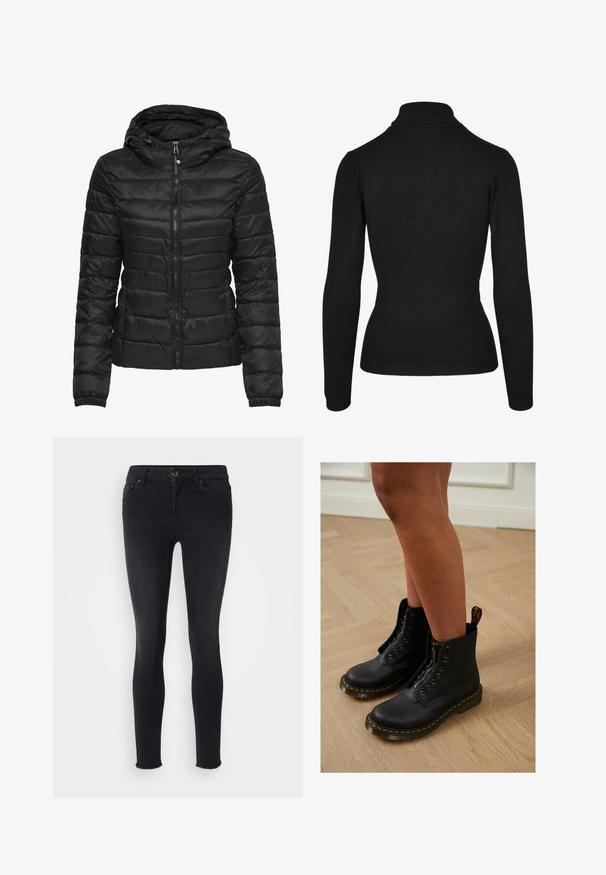 Schwarze Daunenjacke mit Kapuze, ausgestattet mit einem gesteppten Design und einem Reißverschluss. Weicher, glänzender Stoff mit elastischen Bündchen. Warm und leicht.; Schwarzer Rollkragenpullover aus weichem Stoff, mit langen Ärmeln, geripptem Kragen und einem figurbetonten Design mit minimaler Gestaltung.; Schwarze Skinny-Jeans aus Denim-Material mit einer mittelhohen Taille, Fronttaschen und einem rohen Saum an den Knöcheln. Klassisches Fünf-Taschen-Design.; Schwarze Leder-Stiefeletten mit Reißverschluss und Schnürdesign, ausgestattet mit gelben Nähten und einer dicken, strukturierten Sohle.