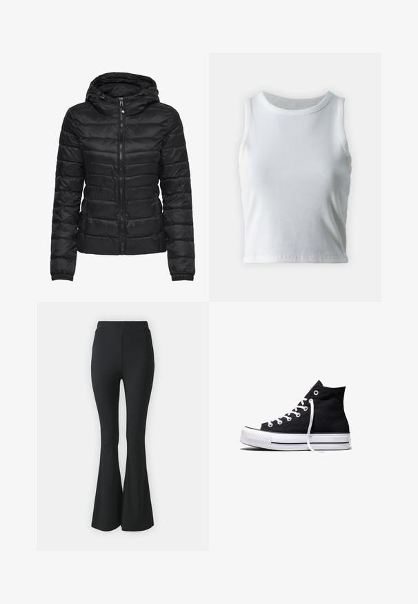 Black puffer jacket with a hood, featuring a quilted design and zipper closure. Soft, shiny fabric with elastic cuffs. Warm and lightweight.; White ribbed tank top with a round neckline and sleeveless design, featuring a straight hem and a smooth, stretchy texture.; Black flared trousers made from stretchy fabric. Features a high waistband and a smooth, fitted design that flares from the knee downward.; Black high-top canvas sneaker with white rubber sole and white laces, shown from the side on a white background.