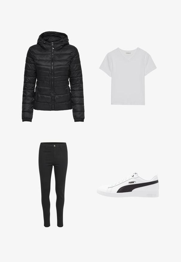 Doudoune noire avec capuche, présentant un design matelassé et une fermeture éclair. Tissu doux et brillant avec des poignets élastiques. Chaude et légère.; T-shirt blanc à manches courtes en V, en tissu côtelé. Présente un design épuré avec un ourlet droit et un minimum de détails.; Jeans skinny noirs avec une texture de tissu lisse, dotés d'une fermeture à bouton à l'avant, de cinq poches et d'un design ajusté.; Baskets blanches avec une bande latérale synthétique noire et le logo Puma, présentant une texture lisse, un bout arrondi et un lacet de fermeture.
