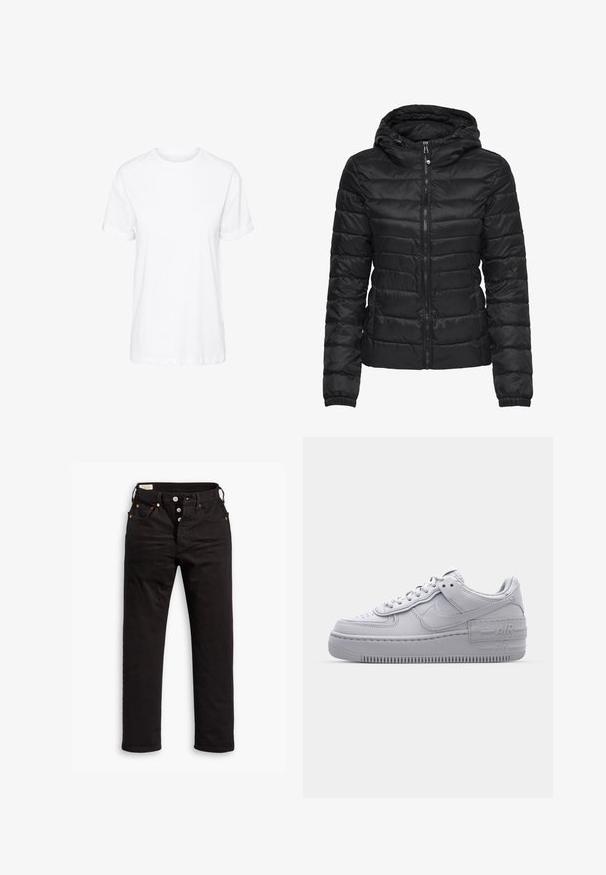 Doudoune noire avec capuche, présentant un design matelassé et une fermeture éclair. Tissu doux et brillant avec des poignets élastiques. Chaude et légère.; T-shirt en coton blanc avec des manches courtes, un col rond et une coupe décontractée, offrant une texture lisse et sans motifs visibles.; Jean noir à jambe droite avec fermeture à boutons, poches avant et arrière, et détails en rivets cuivrés sur fond blanc.; Basket en cuir lisse gris Nike Air Force 1 avec un bout perforé, une semelle épaisse et un détail 'AIR' en relief sur le talon.