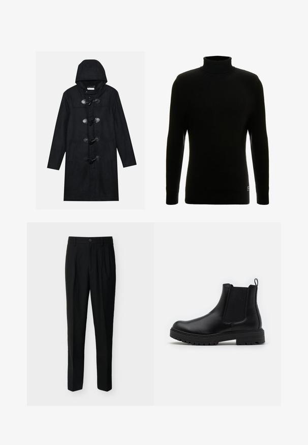 Manteau duffle noir avec capuche, fabriqué en laine. Equipé de fermetures à bascule en corne, de deux poches latérales et d'une texture lisse.; Pull à col roulé noir avec des manches longues, texture côtelée, silhouette ajustée et petite étiquette de marque en bas à gauche.; Pantalon noir taille haute, ajusté, avec passants de ceinture, plis à l'avant, poches latérales et fermeture boutonnée avec zip.; Zign by Zalando LEATHER - Bottines - black