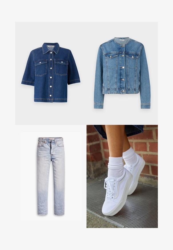 Lyseblå denimjakke med rund halsudskæring, knaplukning, to brystlommer og lange ærmer. Har stikninger og sølvknapper som detaljer.; Mørkeblå denimjakke med korte ærmer, to brystlommer, sølvfarvede trykknapper og en krave.; Lyseblå denimjeans med lige ben, der har en knaplukning, fem lommer og en diskret falmning langs benene.; Hvide lærreds sneakers med gummisåler, der har seks snørehuller, rund tå og let sømdetaljer, krydret med hvide ankelstrømper.