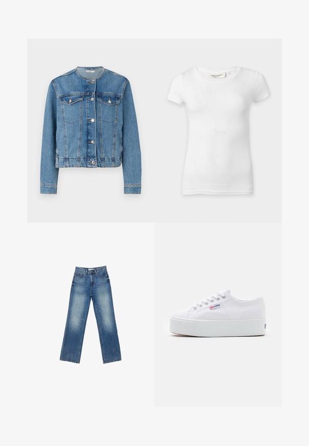 Lyseblå denimjakke med rund halsudskæring, knaplukning, to brystlommer og lange ærmer. Har stikninger og sølvknapper som detaljer.; Plain hvid kortærmet tætsiddende t-shirt med rund halsudskæring, vist på en flad overflade.; Blå denim wide-leg jeans med en falmet finish, fem lommer, synlig syning, knap- og lynlåslukning, samt en lige pasform.; Hvide canvas sneakers med en tyk hvid platformssål, rund tå og metaløjelets til snørebånd. Mærkets logo præsenteret på siden.