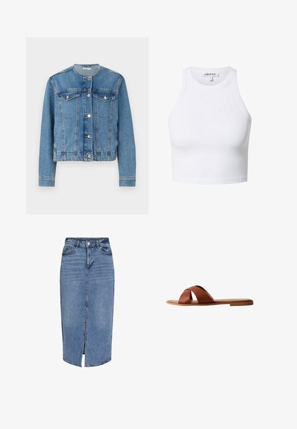 Lichtblauwe denimjas met een ronde hals, knoopsluiting, twee borstzakken en lange mouwen. Heeft stikseldetails en zilveren knopen.; Witte geribbelde crop top met een hoge halslijn en mouwloos ontwerp. Bevat een textuurstof en een bedrukte label aan de binnenkant.; Lichtblauwe denim midi rok met een voorflap, vijf zakken, riemlussen en een knoopsluiting in de taille. Klassieke pasvorm en textuur.; Bruine leren slide sandaal met een ontwerp van gekruiste bandjes. Platte zool met een gladde afwerking en minimalistische stijl. Geen zichtbare hardware of accenten.