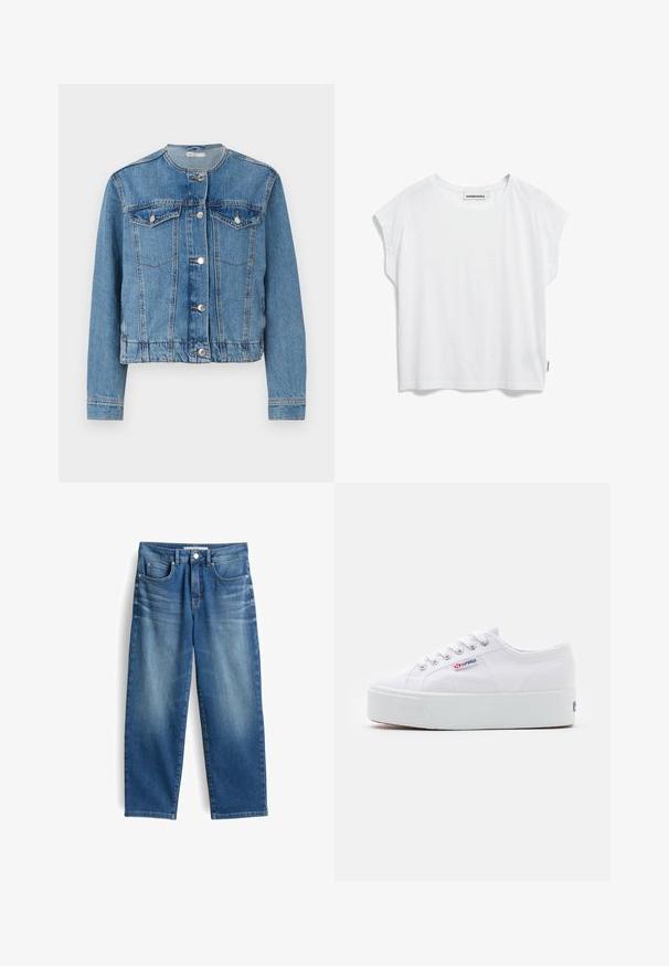 Lichtblauwe denimjas met een ronde hals, knoopsluiting, twee borstzakken en lange mouwen. Heeft stikseldetails en zilveren knopen.; Witte T-shirt met korte mouwen en een ronde hals, gemaakt van zacht materiaal. Heeft een losse pasvorm en onafgewerkte randen bij de mouwen en zoom.; Blauwe denim spijkerbroek met een recht gesneden ontwerp, vijf zakken en lichte vervaging op de dijen. Beschikt over een knoopsluiting en riemlussen.; Witte canvas sneaker met een dikke witte platformzool, ronde neus en metalen oogjes voor veters. Merkl logo aan de zijkant weergegeven.