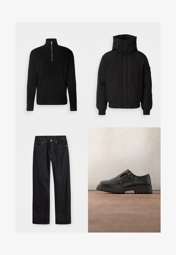 Sort polstret jakke med høj krave, snoretræk i hætten og lynlåse på ærmerne. Har frontal lynlåslukning og sidelommer. Glat stofstruktur.; Lindbergh HALF ZIP RIB KNIT - Striktrøje - black; Mænds lige ben sorte denim jeans med fem lommer og orange syninger, knap- og lynlåslukning foran på taljen.; Sort lædersko med dobbelte spænderemme, rundet tå og tekstureret, tyk gummisål. Minimalistisk design med kontrasterende blåt indre.