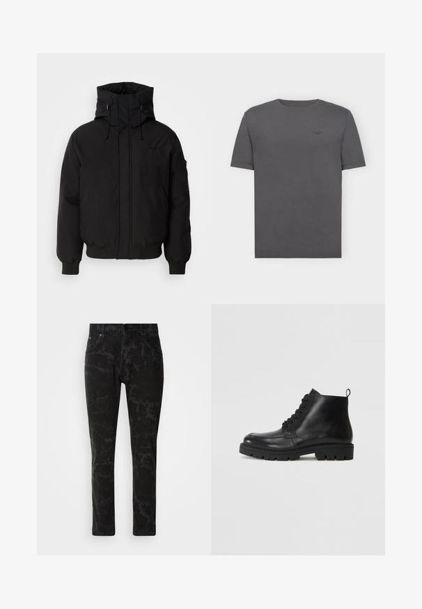 Schwarze gepolsterte Jacke mit hohem Kragen, Zugbandkapuze und Reißverschlussärmeln. Verfügt über einen frontalem Reißverschluss und Seitentaschen. Glatte Stofftextur.; Dunkelgraues Kurzarm-T-Shirt mit Rundhalsausschnitt und kleinem Textlogo "Marc O'Polo DENIM" auf der oberen linken Brust.; Schwarze Jeans aus Denim mit marmoriertem Muster, geradem Bein, Fünf-Taschen-Stil und Knopfverschluss am Bund.; Schwarze Leder Stiefeletten mit runder Zehe, Schnürverschluss und strukturiertem Gummisohle. Mit einer Ziehlasche an der Ferse für einfaches Anziehen.