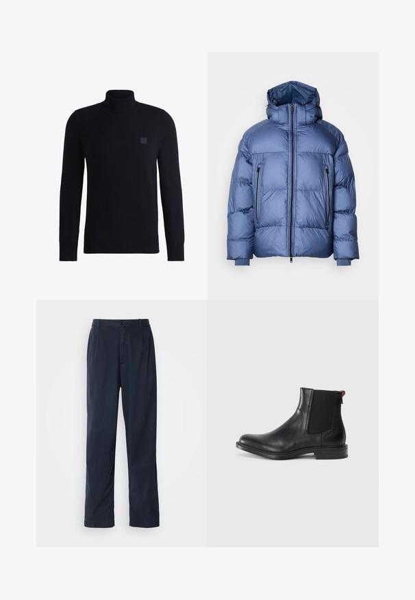 Pufferjakke i lyseblå med høj krave, lynlåslukning og to sidelommer. Har et quiltet design og robust stof.; Marineblå højhalset sweater lavet af blødt strikmateriale, med lange ærmer og ribbestrikket krave. Inkluderer et firkantet logo-patch på brystet.; Mørkeblå bukser lavet af en bomuldsblanding. Har et lige ben design, en frontknaplukning og diskrete plisser. Glat tekstur.; Sort læder Chelsea-støvle med elastiske sidepaneler, afrundet tå og lav, stablet hæl. Har en rød løftestrop og subtil branding på siden.