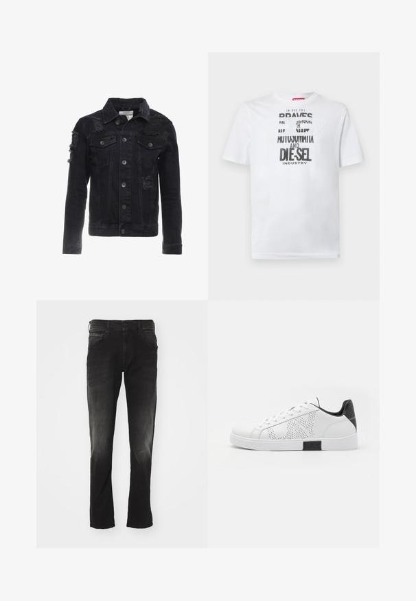 Veste en denim noir avec des accents en détresse, des boutons sur le devant, deux poches poitrine et un design de col classique.; T-shirt en coton blanc avec une typographie noire audacieuse affichant les mots "BRAVES" et "DIE-SEL INDUSTRY" ainsi qu'un design découpé semi-transparent.; Jean en denim noir avec un délavage usé, cinq poches, coupe droite et fermeture classique à bouton et zip.; Baskets en cuir blanc avec un design perforé, accent noir au talon et semelle intermédiaire. Comprend une pointe ronde et un système de laçage à six œillets.