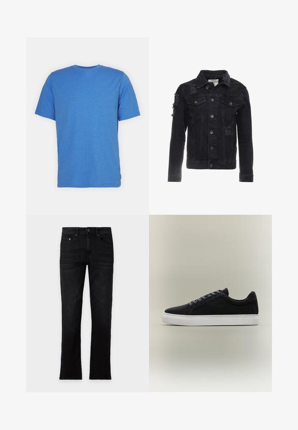 Chaqueta de mezclilla negra con acentos desgastados, botones en el frente, dos bolsillos en el pecho y un diseño de collar clásico.; Camiseta de manga corta y cuello redondo en azul sólido. Fabricada con una tela suave y transpirable, de textura lisa y sin patrones ni adornos.; Vaqueros negros de pierna recta con bolsillos delanteros y traseros, cierre de botón y cremallera, colocados planos sobre un fondo claro. Sin signos visibles de desgaste ni marca.; Zapatilla negra de caña baja con suela de goma blanca, diseño con cordones y cuello acolchado, mostrada sobre un fondo gris neutro.